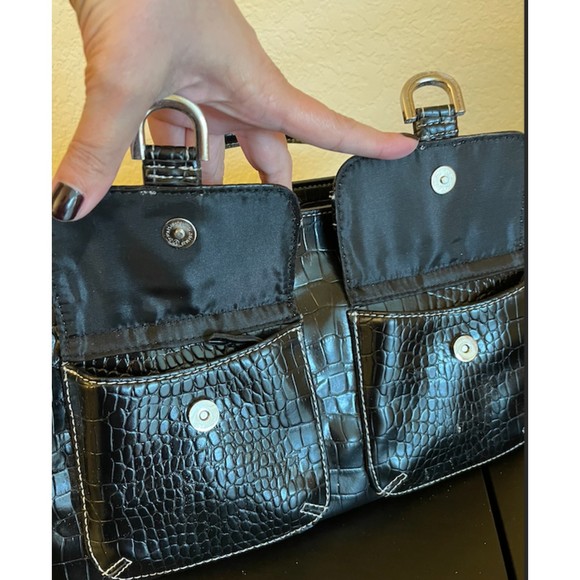 Valerie Stevens Bling Rhinestone Faux Croc Embossed Black Satchel Bag - Picture 7 of 13